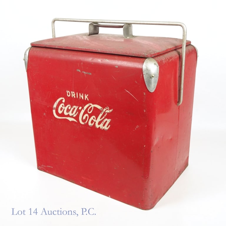 Drink Coca-Cola Acton Mfg. Metal Cooler: Vintage metal cooler with "Drink Coca-Cola" on two sides. Manufactured by Acton Mfg. Co. (Arkansas City, Kansas). Includes removable metal tray. Approximately 17" x 12" x 19" tall (measured to top of