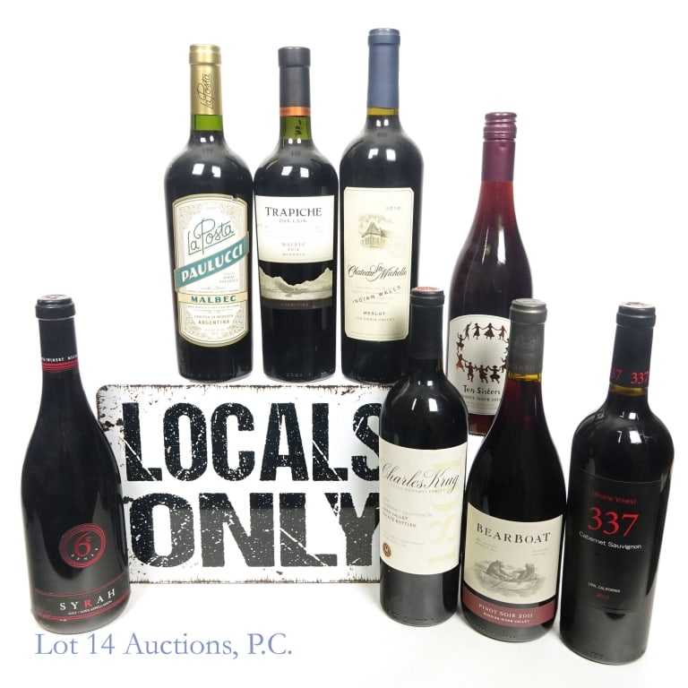 Mixed Red Wine Lot (LOCAL PICK-UP ONLY): This lot is a LOCAL-UP ONLY lot and will not be available for shipping. This lot contains a selection of red wines including Cabernet Sauvignon, Malbec, Pinot Noir, Syrah, and more. Wines are from var