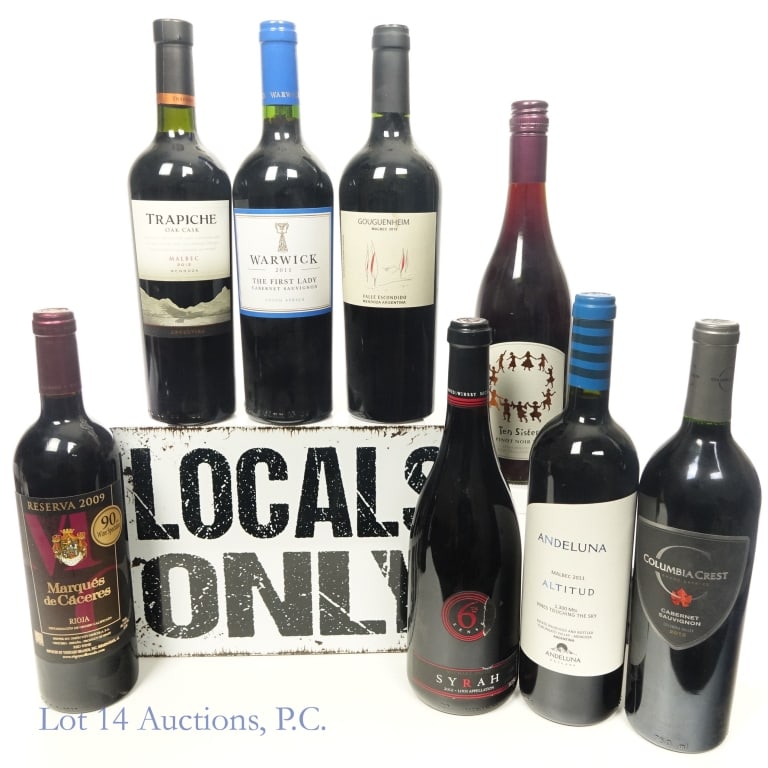 Mixed Red Wine Lot (LOCAL PICK-UP ONLY): This lot is a LOCAL-UP ONLY lot and will not be available for shipping. This lot contains a selection of red wines including Cabernet Sauvignon, Malbec, Pinot Noir, Syrah, and more. Wines are from var
