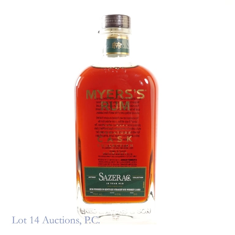 Myer's Signature Cask Sazerac 18 Year Rum: Myer's Very Rare Signature Cask Collection Rum, 86 Proof, 750 ml, finished in Sazerac 18 Year Rye casks (BTAC).