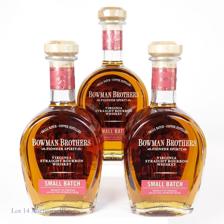 Bowman Brothers Small Batch Bourbon (3): 3 bottles total in this lot. Bowman Brothers Small Batch Bourbon, 90 Proof, 750 ml (x3).