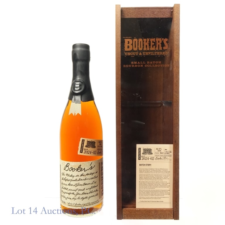 Booker's Small Batch Bourbon (2024-02): Booker's Small Batch Bourbon, The Beam House Batch, 124.6 Proof, 750 ml, Batch #2024-02, Aged: 7 Years, 2 Months, 22 Days. Wooden box included.