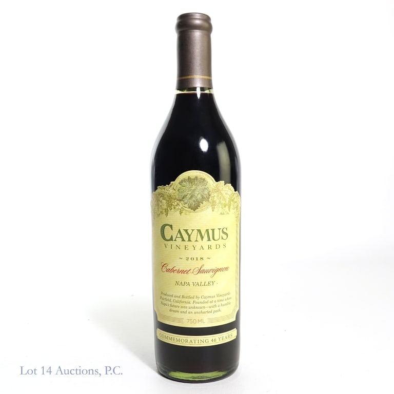 2018 Caymus Vineyards Napa Valley Cabernet: 2018 Caymus Vineyards Napa Valley Cabernet Sauvignon, 13.9% ABV, 750 ml, Vintage: 2018, Region: Napa Valley, California, Commemorating the 46th Anniversary of Camus Vineyards.