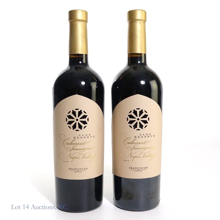 2015 Clos Reserve Napa Valley Cabernet (2): 2 bottles total in this lot. 2015 Franciscan Estate Clos Reserve Napa Valley Cabernet Sauvignon, 14.5% ABV, 750 ml, Vintage: 2015, Region: Napa Valley, California (x2).