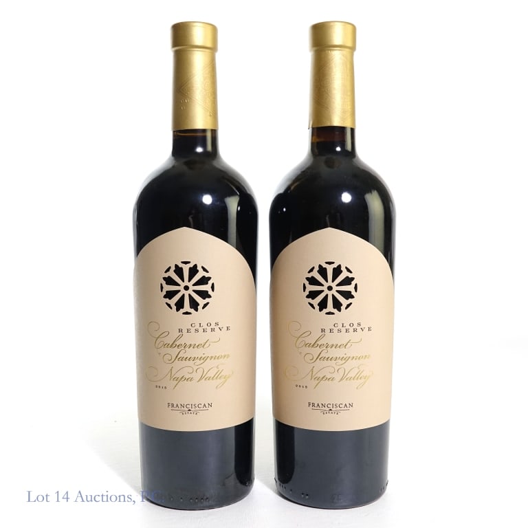 2015 Clos Reserve Napa Valley Cabernet (2): 2 bottles total in this lot. 2015 Franciscan Estate Clos Reserve Napa Valley Cabernet Sauvignon, 14.5% ABV, 750 ml, Vintage: 2015, Region: Napa Valley, California (x2).