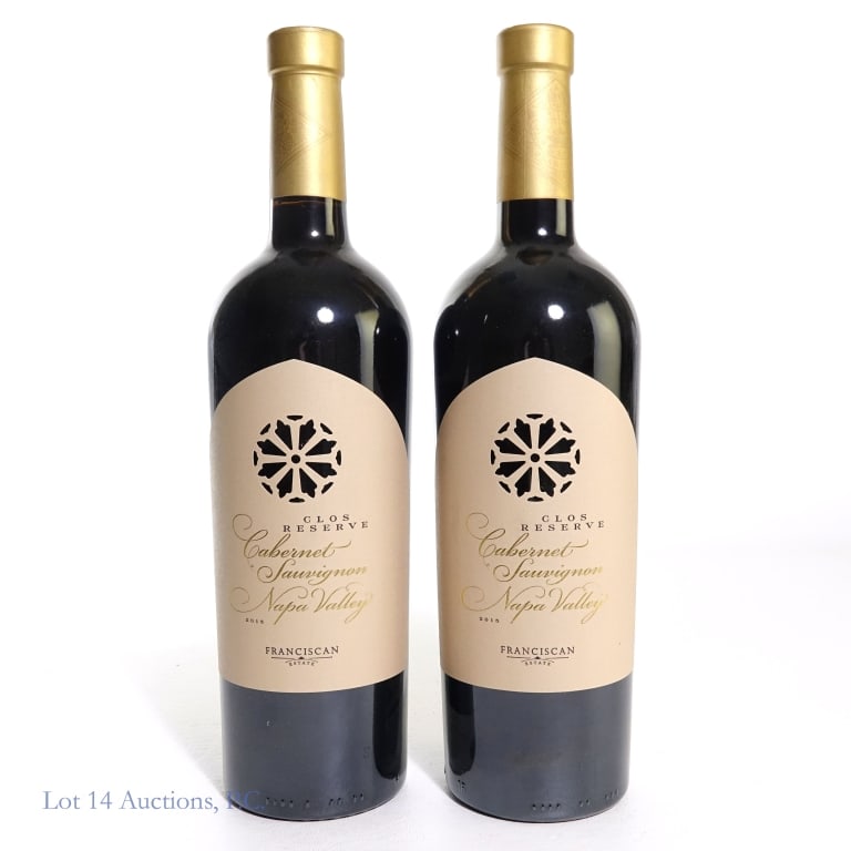 2015 Clos Reserve Napa Valley Cabernet (2): 2 bottles total in this lot. 2015 Franciscan Estate Clos Reserve Napa Valley Cabernet Sauvignon, 14.5% ABV, 750 ml, Vintage: 2015, Region: Napa Valley, California (x2).