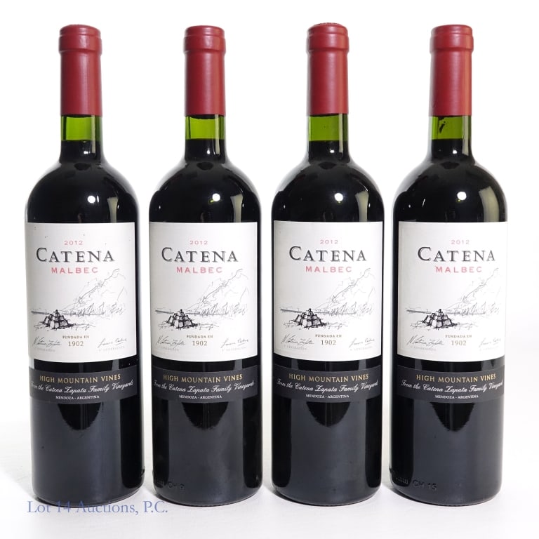 2012 Catena High Mountain Vines Malbec (4): 4 bottles total in this lot. 2012 Catena High Mountain Vines Malbec, 13.5% ABV, 750 ml, Vintage: 2012, Region: Mendoza, Argentina (x4)