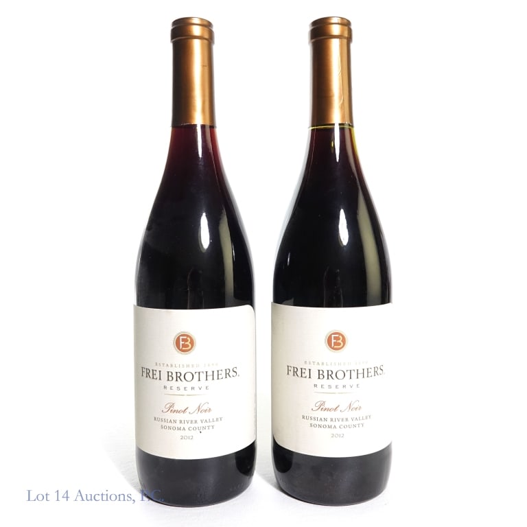 2012 Frei Brothers Reserve Pinot Noir (2): 2 bottles total in this lot. 2012 Frei Brothers Reserve Russian River Valley Pinot Noir, 14.5% ABV, 750 ml, Vintage: 2012, Region: Sonoma County, California, Appellation: Russian River Valley (x2).