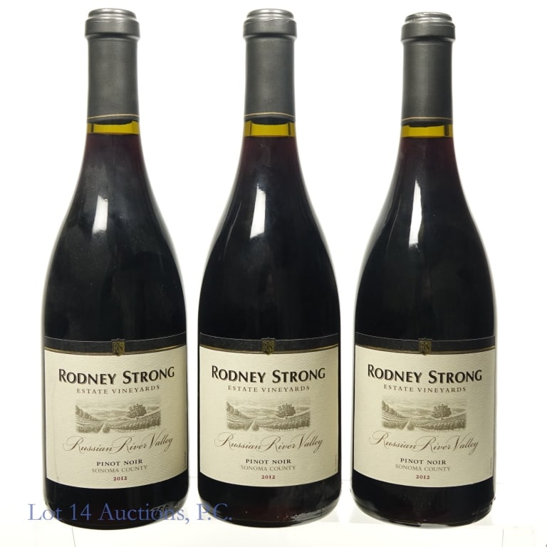 2012 Rodney Strong Estate Vineyards Pinot Noir (3): 3 bottles total in this lot. 2012 Rodney Strong Estate Vineyards Russian River Valley Pinot Noir, 14.5% ABV, 750 ml, Vintage: 2012, Region: Sonoma County: California, Appellation: Russian River Valley