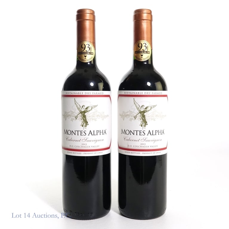 2013 Montes Alpha Colchagua Valley Cabernet (2): 2 bottles total in this lot. 2013 Montes Alpha Colchagua Valley Cabernet Sauvignon, 14.5% ABV, 750 ml, Vintage: 2013, Region: Colchagua Valley, Chile (x2). 93 rating by James Suckling.
