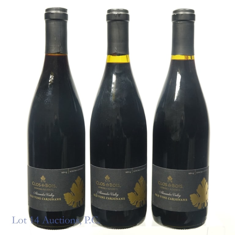 2014 Clos du Bois Sonoma Res Old Vine Carignane, 3: 3 bottles total in this lot. 2014 Clos du Bois Sonoma Reserve Alexander Valley Old Vine Carignane, 14.5% ABV, 750 ml, Vintage: 2014, Region: Sonoma County, California (x3).