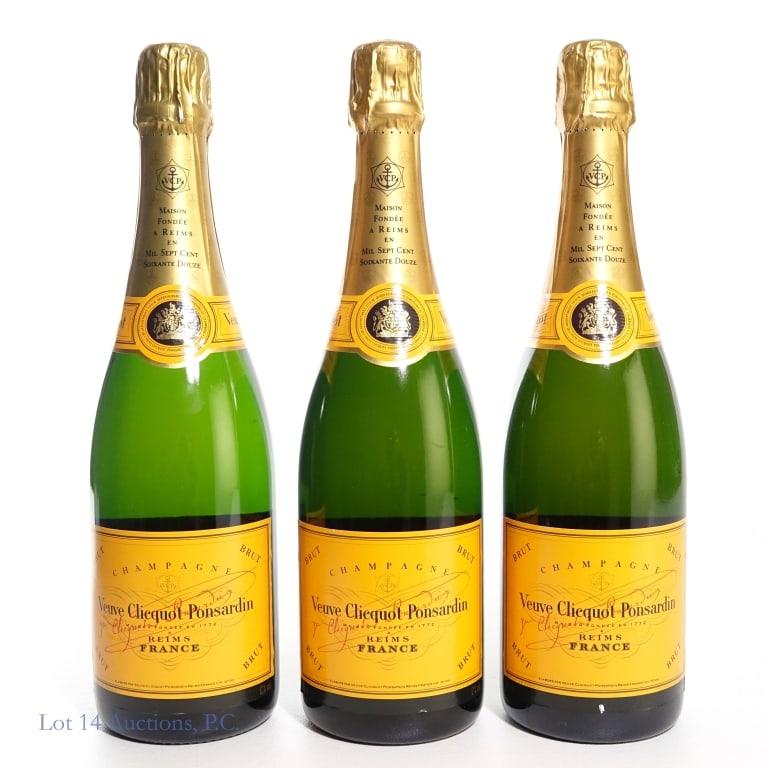 Veuve Clicquot-Ponsardin Brut Champagne (3): 3 bottles total in this lot. NV Veuve Clicquot-Ponsardin Brut Champagne, 12% ABV, 750 ml, Vintage: nonvintage (x3).