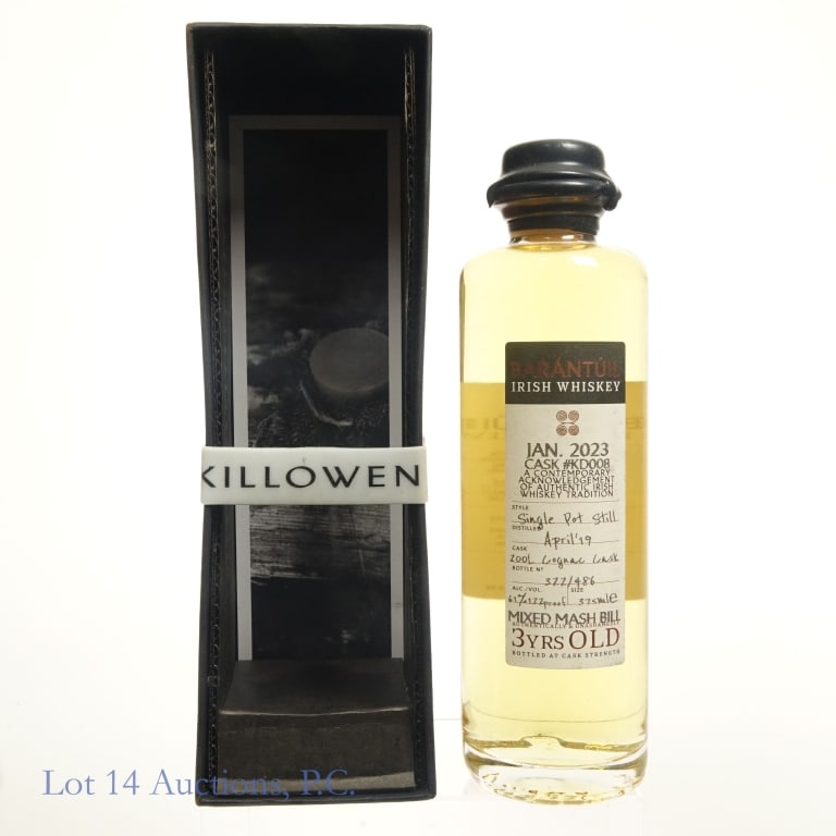 Killowen Barantuil 3 Yr Cognac Cask Irish Whiskey: Killowen Barantuil 3 Year Cognac Cask Single Pot Still Irish Whiskey, 122 Proof, 375 ml, Bottled: January 2023, Distilled: April 2019, Cask #KD008, Bottle #322 of 486 bottles.
