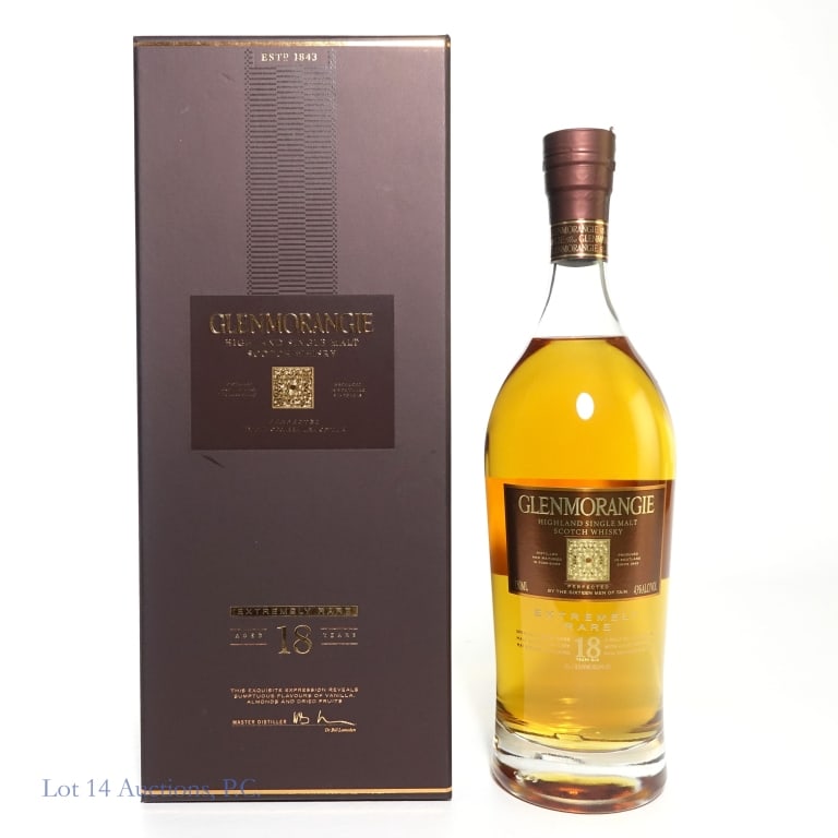 Glenmorangie 18 Year Extremely Rare SM Scotch: Glenmorangie 18 Year Extremely Rare Single Malt Scotch, 86 Proof, 750 ml. Original case included.