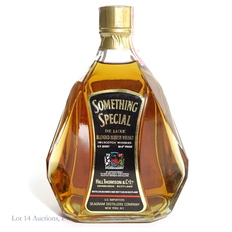 1960s / 1970s Something Special De Luxe Scotch: Something Special De Luxe Blended Scotch, 86.8 Proof, 4/5 Quart, early 1960s-late 1970s bottling, tax strip slightly torn but in fair condition overall.