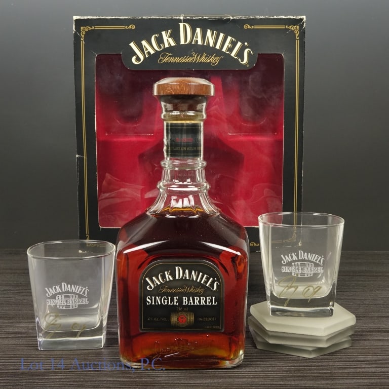 Jack Daniel's SB Tennessee Whiskey Gift Set (2008): Jack Daniel's Single Barrel Tennessee Whiskey (2008), 94 Proof, 750 ml, Bottled: 06-13-08, Barrel #8-2005, Signed by Master Distiller Jimmy Bedford (2009). Gift set includes two Jack Daniel's drinking