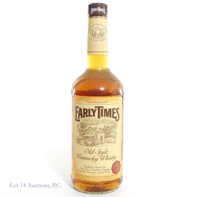 1980s Early Times Old Style Kentucky Whisky: Early Times Old Style Kentucky Whisky, 80 Proof, 750 ml, "87" glass molding, Aged: 36 Months. Residue on outer glass of bottle.