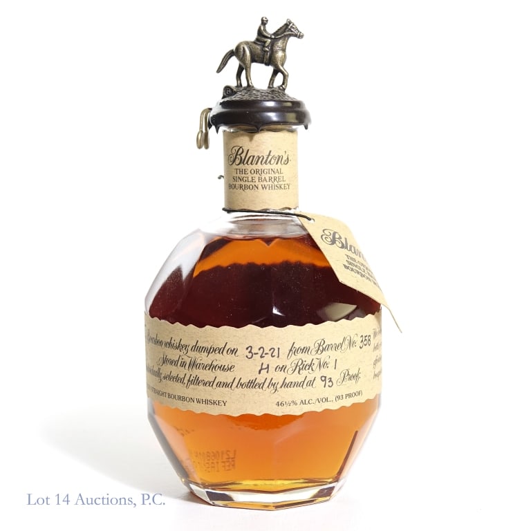Blanton's Single Barrel Bourbon "B": Blanton's Single Barrel Bourbon, 93 Proof, 750 ml, Letter B, Dump Date: 03-02-21, Barrel #358, Bottle #10. Box and bag NOT included.