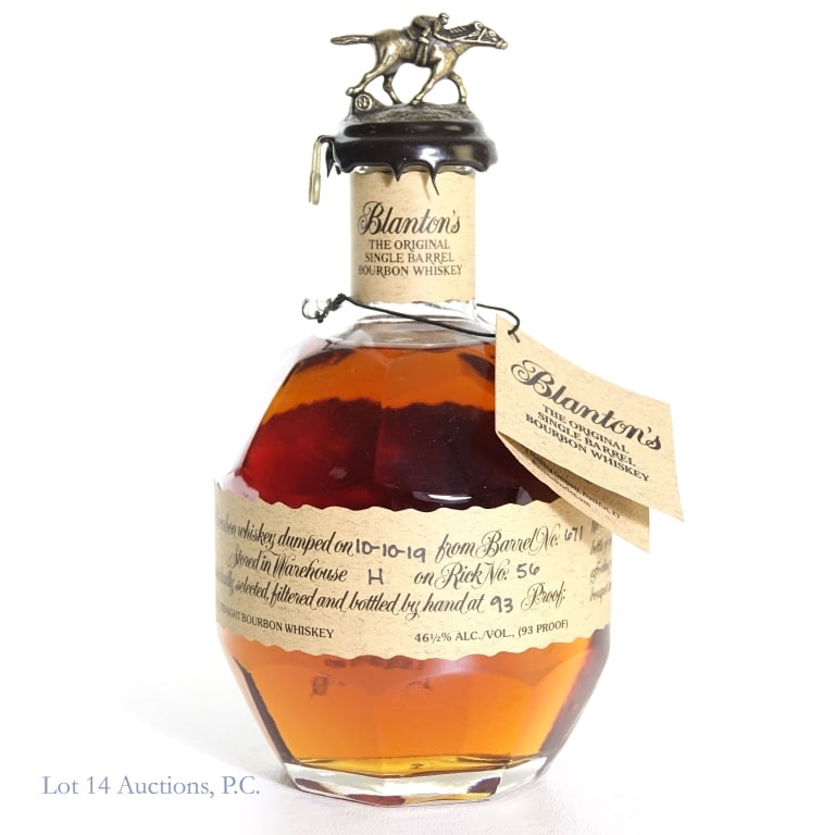 Blanton's Single Barrel Bourbon "N#2": Blanton's Single Barrel Bourbon, 93 Proof, 750 ml, Letter N#2, Dump Date: 10-10-19, Barrel #671, Bottle #165. Several hairline cracks in wax but seal is intact and in fair condition overall. Please se