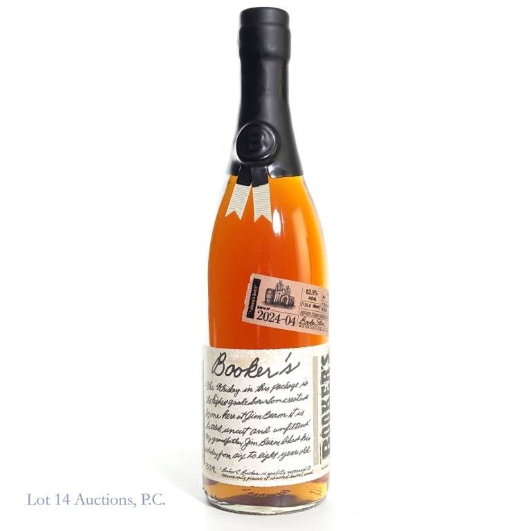 Booker's Small Batch Bourbon (2024-04): Booker's Small Batch Bourbon, Jimmy's Batch, 125.8 Proof, 750 ml, Batch #2024-04, Aged: 7 Years, 9 Months, 19 Days. Wooden box included.