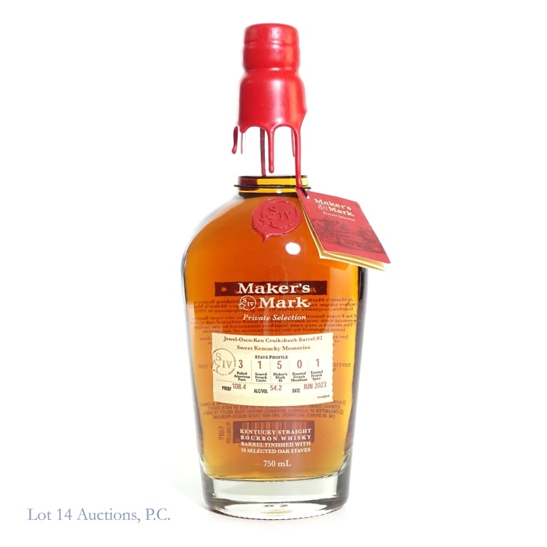 Maker's Mark Sweet KY Memories Bourbon Pick (2023): Maker's Mark Sweet Kentucky Memories Bourbon (2023), 108.4 Proof, 750 ml, Jewel-Osco Ken Cruikshank Barrel #2 Private Selection, Released: 2023, slight scuffs to upper part of wax seal, no visible cra