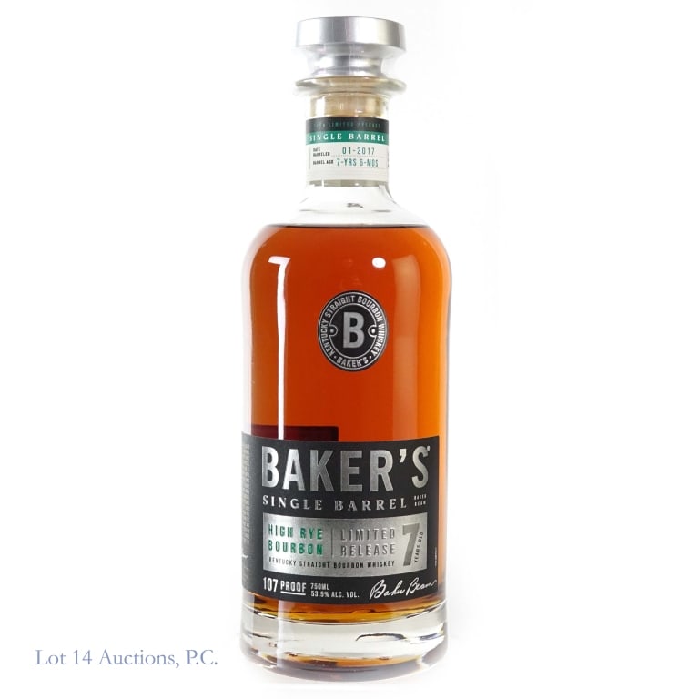 Baker's 7 Year SB High Rye Bourbon: Baker's 7 Year Single Barrel High Rye Bourbon, 107 Proof, 750 ml, Barreled: January 2017, Barrel #115234, Aged: 7 Years, 6 Months.