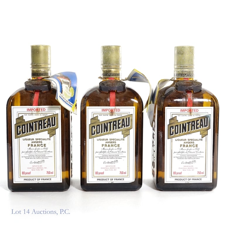 Cointreau Liqueur (3): Cointreau Liqueur, 80 Proof, 750 ml (x3). Residue and stain on bottles/labels. Please see photos for additional details regarding the condition of this lot.