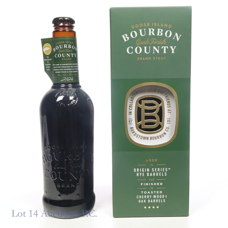 Goose Island Cask Finish Bourbon County Stout 2024: Goose Island Cask Finish Bourbon County Stout (2024), 16% ABV, 1 Pint, 0.9 Ounces, collaboration with Bardstown Bourbon Company. Aged: Up to 5 Years in origin series rye barrels, finished in toasted c