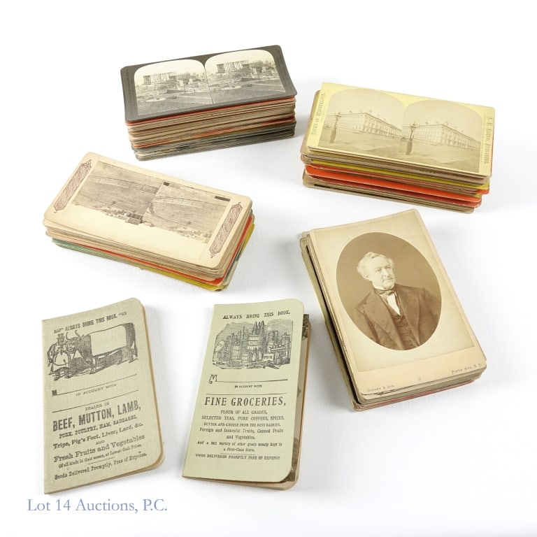 Stereo Scope Slides & Photographs (+80): Stereo Scope Slides & Photographs (+80). Collection of stereo scope slides portraying hunting scenes, European and American views as well as other photographs and grocery store memo books. Wear and te