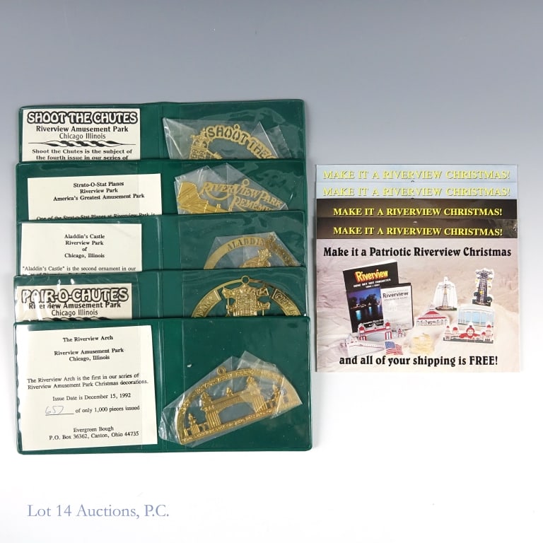 Ltd Ed Riverview Amusement Park Ornaments (5): Ltd Ed Riverview Amusement Park Ornaments (5). Evergreen Bough commemorative Christmas decorations of America's Greatest Amusement Park, Riverview Amusement Park in Chicago IL. Items made of solid bra