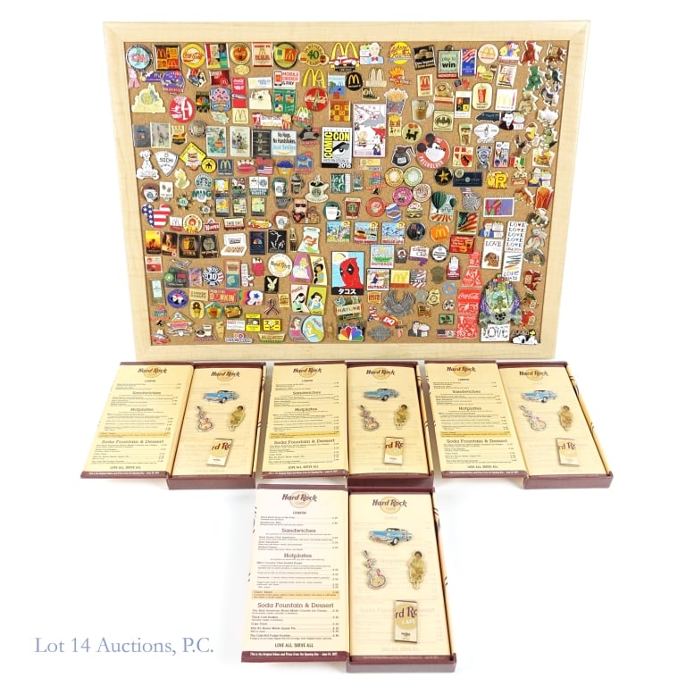 Pin Collection & Wooden Nickels (+150): Pin Collection & Wooden Nickels (+150). Corkboard not included unless local pickup. Collection of pins from various sources as well as 10 Coca-Cola wooden nickels. All items appear well cared for. See