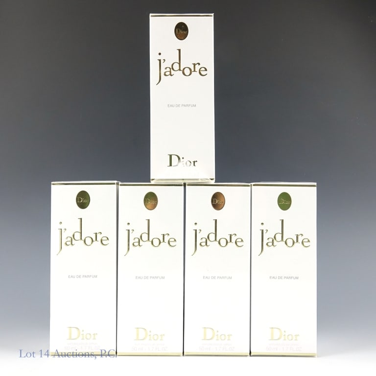 Dior J'adore Perfume 50ml Bottles, NIB (5): Dior J'adore Perfume 50ml Bottles, NIB (5). Lot of (5) five 50ml Dior J'adore perfume spray bottles, all New In Box. One box, shrink wrap opened on base and sharpied. See photos for more details on co