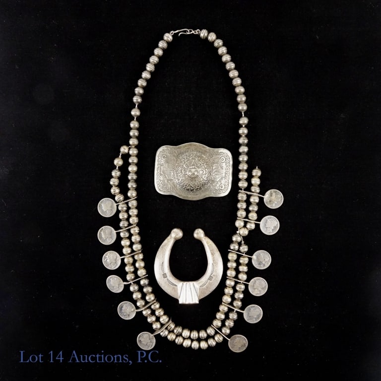 1920's Mercury Silver Dime Necklace & Belt Buckles: Necklace composed of double rows of metal beads interspersed with 12 small sterling silver plates attached to 12 Mercury dimes. Each dime is 0.9 silver. The latest date on the dimes that we could read