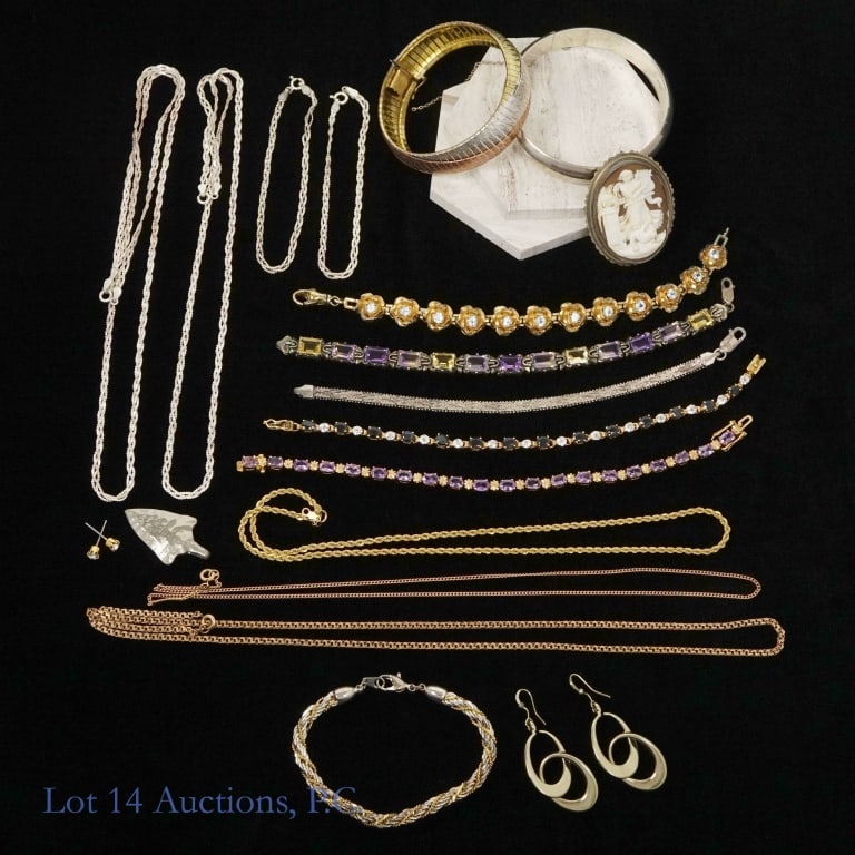 Estate Sterling Silver & Fashion Jewelry: Two cuff style sterling silver bracelets - one is tri-color. Both marked "925". Total weight of this pair: 45.8 grams. ****** Bracelet made from 12 rosette shaped links. Two links are "stuck". Marked 