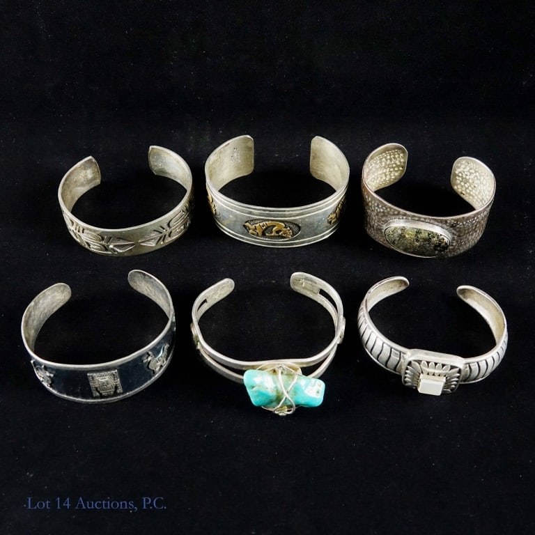 Sterling Silver Cuff Bracelets (6): Six sterling silver cuff bracelets. Four of the bracelets are marked "925" or "Sterling" or equivalent. The other two are not marked, but all six electronically tested for 92.5% sterling silver. One b