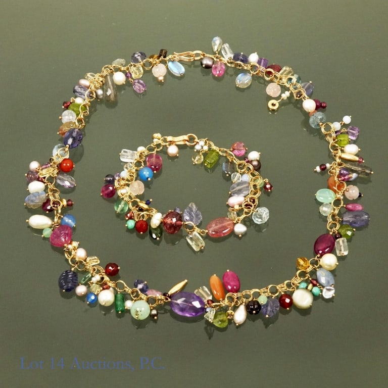 Eve J Alfille 14K Gold Necklace / Bracelet: Eve J Alfille 14 karat yellow gold necklace with many precious and semiprecious stones. This necklace is designed to be disassembled into a bracelet and choker necklace. Metal electronically tests at 