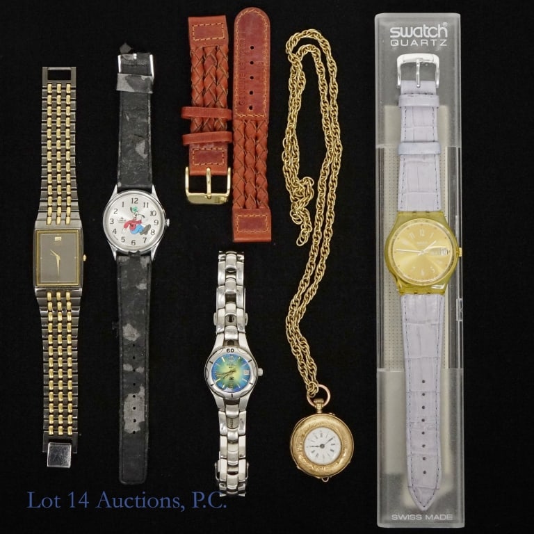 Disney, Relic, Seiko & More Watches (5): 5 watches - all untested. Lorus Disney Goofy watch. Swatch watch with transparent body and day/date function and original box and instructions. Relic Wet watch (165 feet). Scratches on crystal. Date f