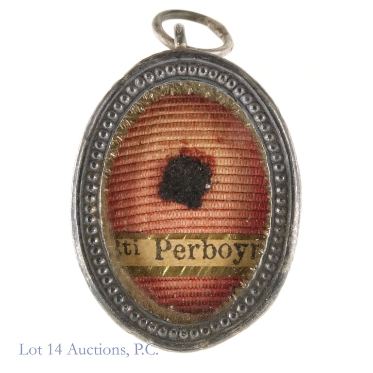 Catholic Reliquary - St. John Gabriel Perboyre: Roman Catholic reliquary / relic - contents labeled Perboyre. Unmarked silver theca with relief image and inscription of St. John Gabriel Perboyre on reverse. Wax seal and threads intact. St. John Gab