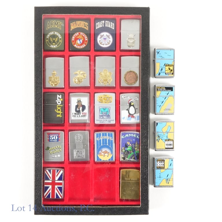 Zippo Designed Lighters (22): The Zippo lighters include: set of 4 Pearl Harbor commemorative lighters, U.S. Marines, Army, Coast Guard, and Navy themed lighters, Camel lighters, Christmas lighter, British flag lighter, Beetle Bai