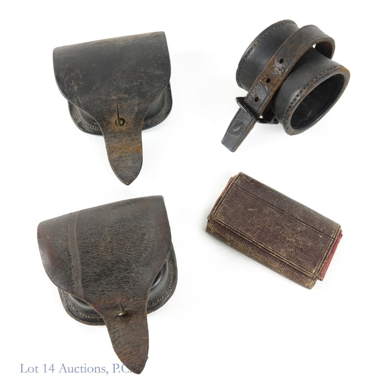 Civil War Leather Cap Boxes (2) + More: Civil War era leather goods. All four pieces show wear commensurate with age: Two Civil War Illinois-made regulation leather cap boxes. Both made in Quincy, Illinois. While faded, we believe one is ma