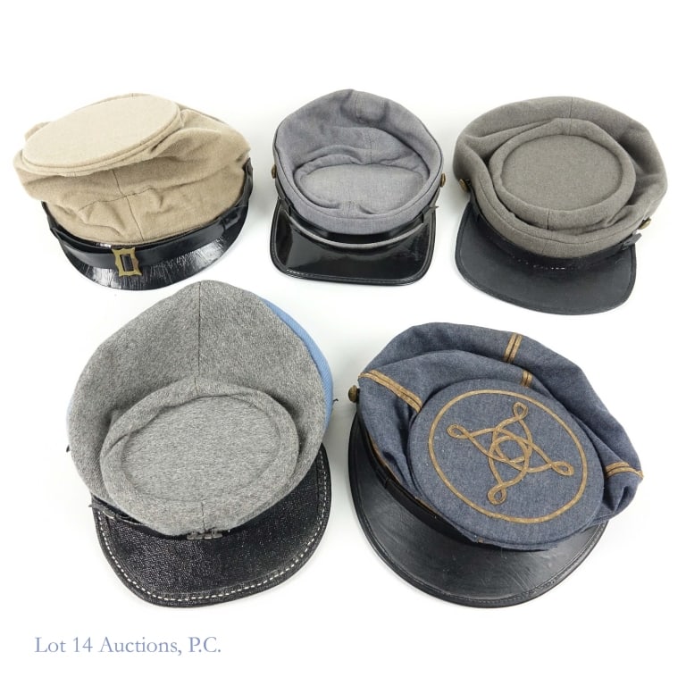 U.S. Civil War Reenactor Kepi Caps (5): Five U.S. Civil War reenactor kepi caps. Various styles and sizes, but one has the markings of the 2nd Maryland. One has a tag inside "Eakin & Co. Dry Goods, Hats, Boots, Shoes & Bonnets 6S Public Squ