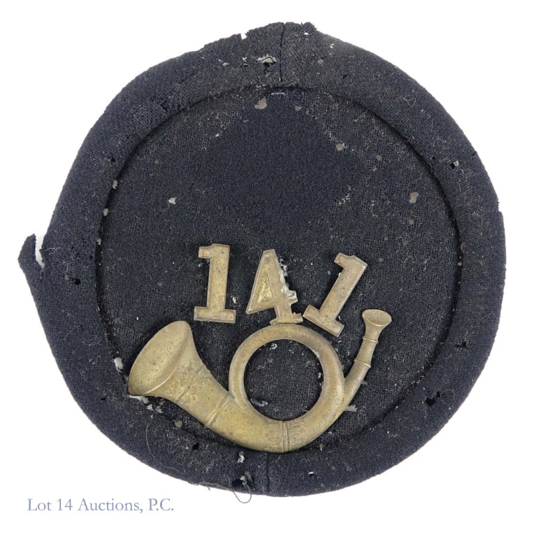 Civil War 141st Infantry (IL?) Kepi Top Section: Top section of a U.S. Civil War kepi cap brass 141 and infantry bugle badge on top. Per consigner, believed to be from the Illinois 141st. Many small holes and wear. Approximately 6" diameter. *** Dis