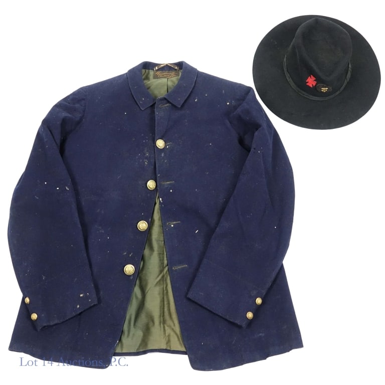 Grand Army of the Republic (GAR) Hat & Coat: Grand Army of the Republic (GAR) hat and coat. Black hat by Austin. Size indicates 6-7/8. Brass 4 on black velvet and a cut-out V Army Corps, 1st Division badge (red Maltese-style cross). ***** Coat i