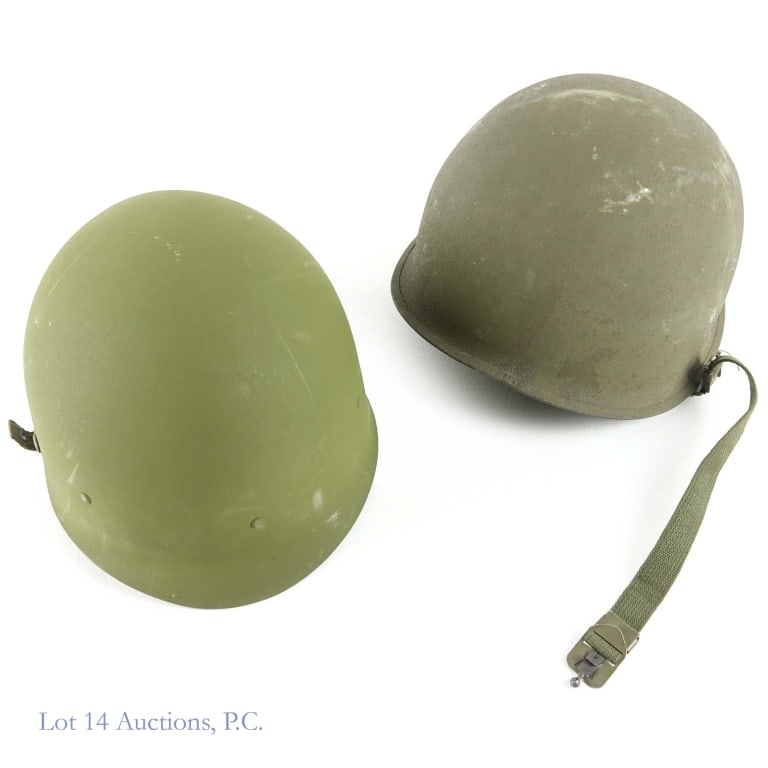 Late WWII M-1 Helmet + Liner Paratrooper Setup: Post World War II Army helmet with edged seam and swivel bales. Weld seam in rear. Helmet liner appears to be newer and has a paratrooper set up. Chin strap marked "U.S.".