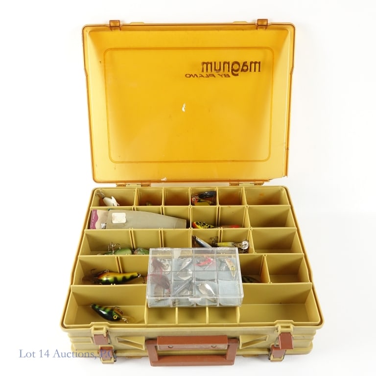 Fishing Lures (+45) & Fishing Tackle Box: Fishing Lures (+45). Lot of over 45 fishing lures in a magnum case ranging 1"- 7.5". Names include Dardevl, Mepps, Fat Rap, Heddon, Rebel, Helins and more. Some items NIB, some well used, some a littl