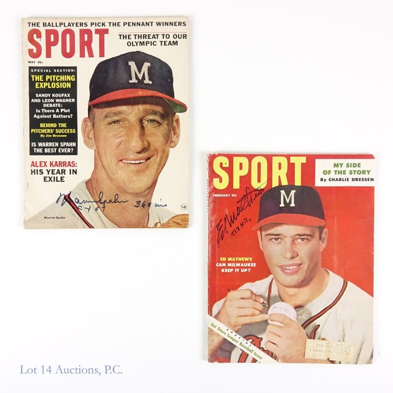 Warren Spahn / Ed Mathews Signed Sport Magazines: Warren Spahn Signed 1964 Sport Magazine (May 1964) / Ed Mathews Signed 1954 Sport Magazine (February 1954) (NO COA - AS IS). (2 Signed Magazines Total). Please see images for details regarding conditi