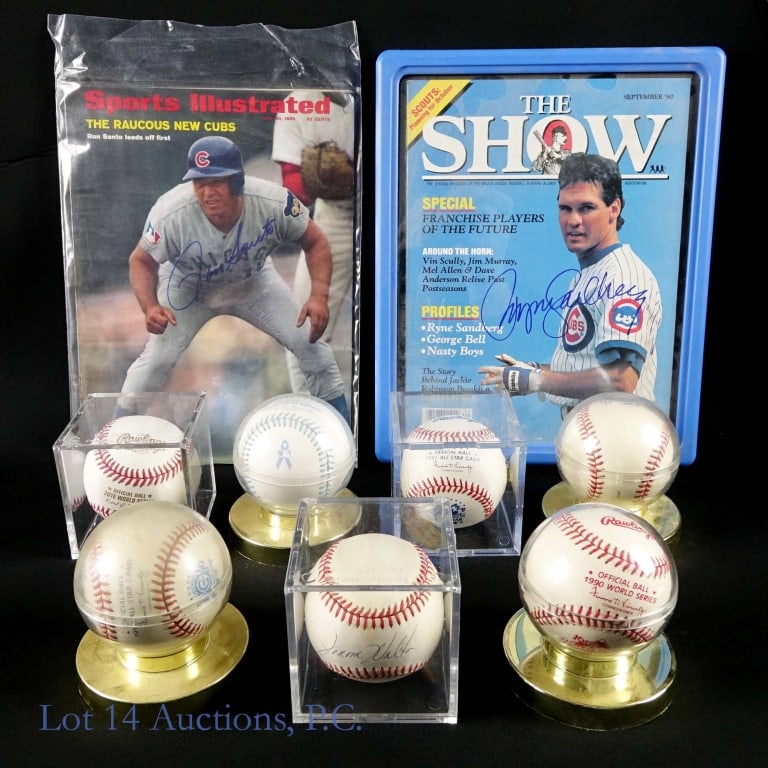 Signed Baseballs Magazines & More Santo: Three signed items in this collectible lot of baseball memorabilia including a June 30, 1969, Sports Illustrated signed by Ron Santo, a September 1990 The Show magazine signed by Ryne Sandberg, and an