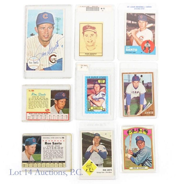 8 Ron Santo Baseball Cards + 1 Signed: 9 different baseball cards of the ever popular Ron Santo. Among the treasures you will find a 1964 Topps giant card #58 that has been signed by Ron Santo. Other cards include a Milk Duds card, 2 hand 