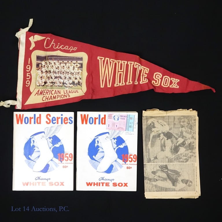 1959 Chicago White Sox WS Pennant Program Ticket: 1959 Chicago White Sox American League Champions photo red felt pennant. Tip of pennant is missing. Photo is present (with key on back). Plastic cover for photo is present but due to folding is starti