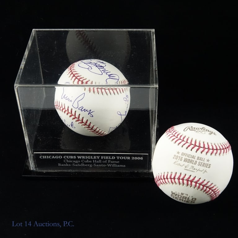 Chicago Cubs Legends Signed Baseball + More: Rawlings Allan Selig OMLB baseball signed by four Chicago Cubs legends. Ernie Banks is on the sweet spot (inscribed "MR Cub" below his signature). with Ryne Sandberg (inscribed "HOF '05"), Ron Santo,